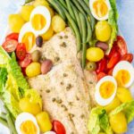 Salmon Nicoise salad pinnable image.