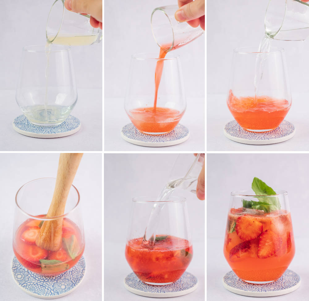 A collage of 6 photos showing how to prepare strawberry basil cocktail step by step.