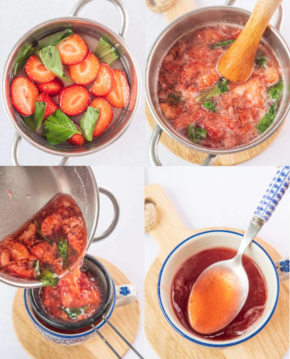 A collage of 4 photos showing how to make strawberry basil syrup.