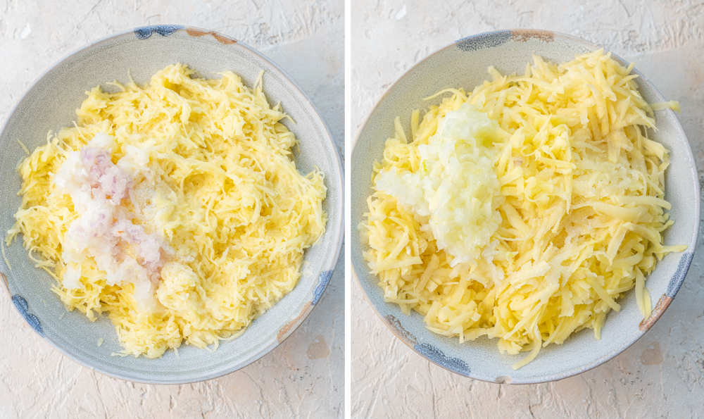 Grated potatoes and onion in a bowl.
