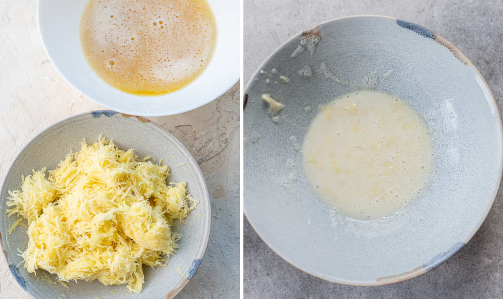 Grated and drained potatoes in blue bowls. Potato starch in a bowl.