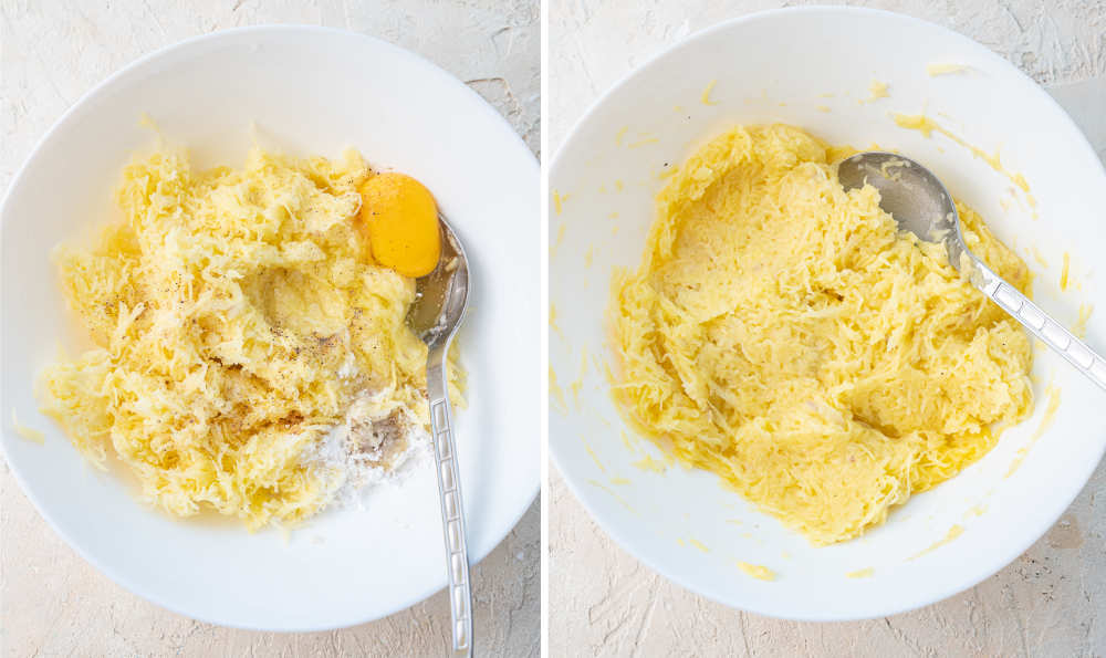 Potato pancakes batter in a white bowl.