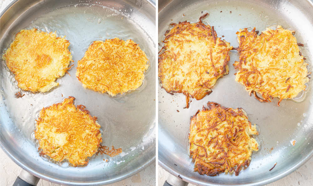 Potato pancakes are being fried in a pan.