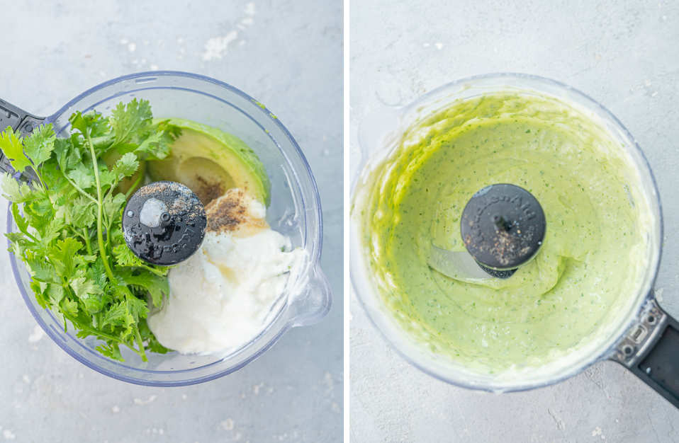 Ingredients for avocado sauce in a food processor. Avocado sauce in a food processor.