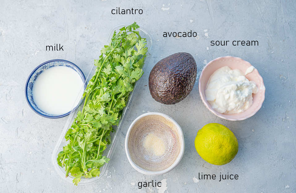 Labeled ingredients for avocado sauce.