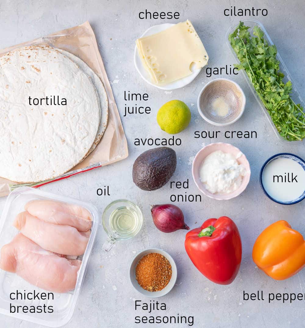 Labeled ingredients for chicken fajita wraps.