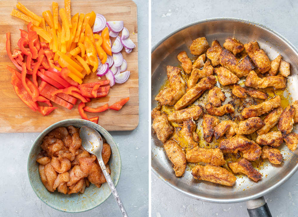 Chopped vegetables and chicken with spices on a wooden board. Pan-fried chicken in a pan.