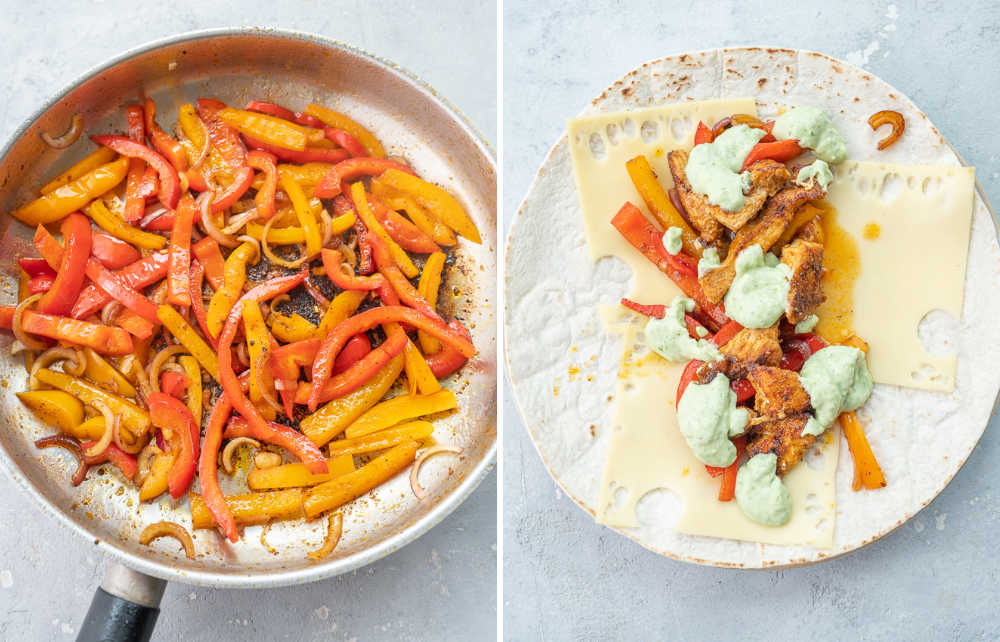 Sauteed bell peppers in a pan. Chicken Fajita wrap ready to be assembled.