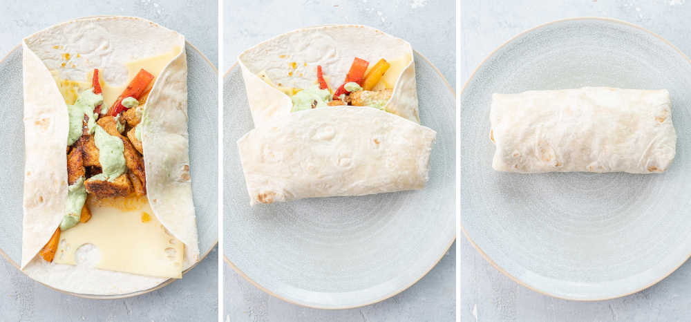 A collage of 3 photos showing how to roll up a tortilla wrap.