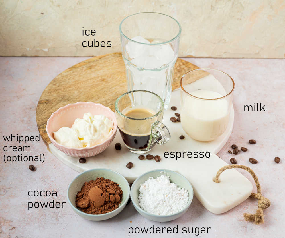 Labeled ingredients for iced mocha.