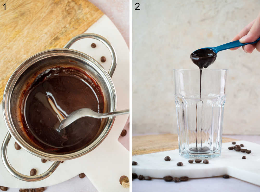 Chocolate syrup in a pot. Chocolate syrup is being poured into a cup.
