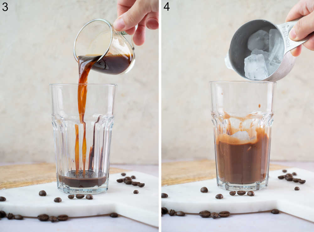 Coffee is being poured into a cup. Ice cubes are being added to a cup.