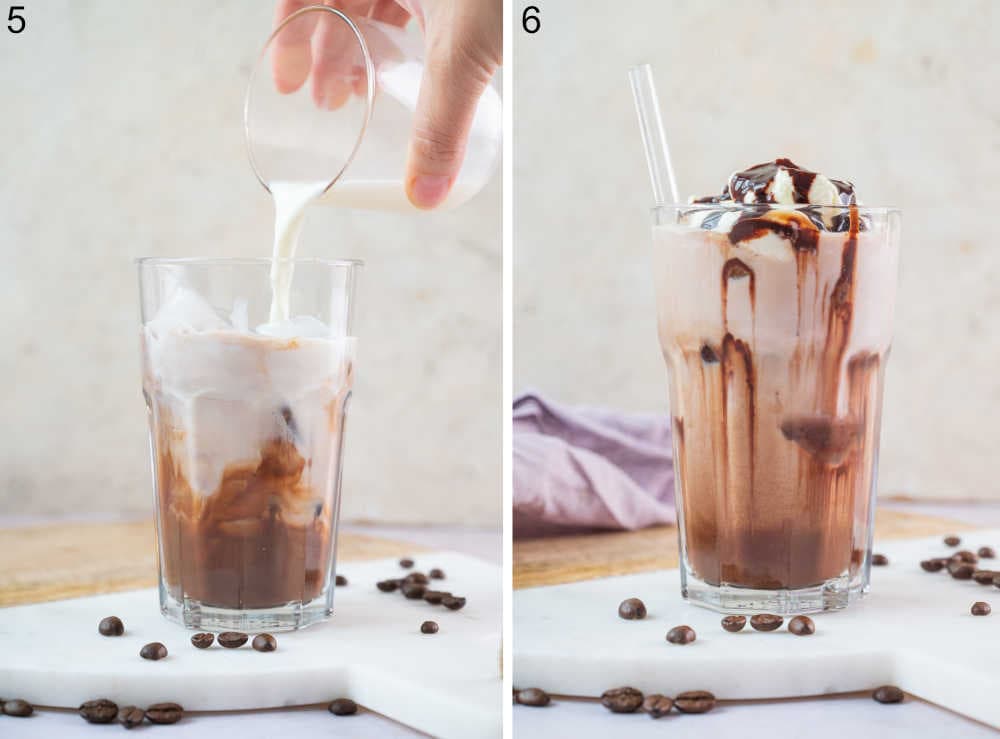 Milk is being added to a cup. Iced mocha coffee in a cup.
