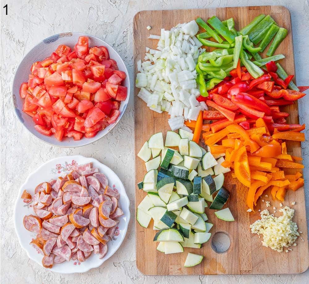 Chopped ingredients for leczo.