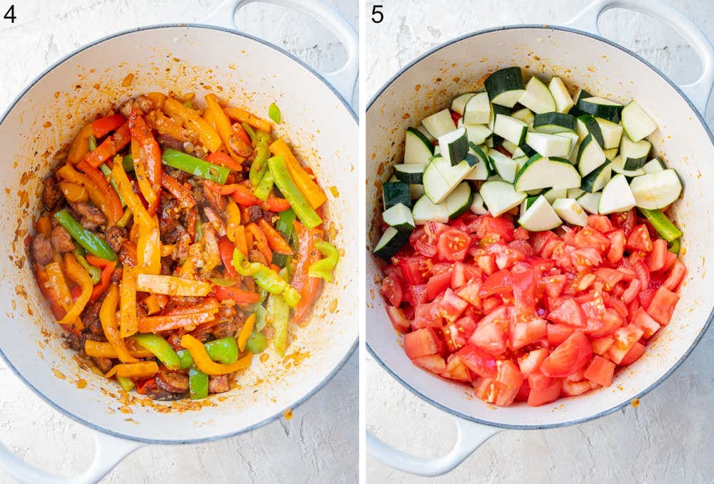 Sausage and bell peppers in a pot. Zucchini and tomatoes in a pot.