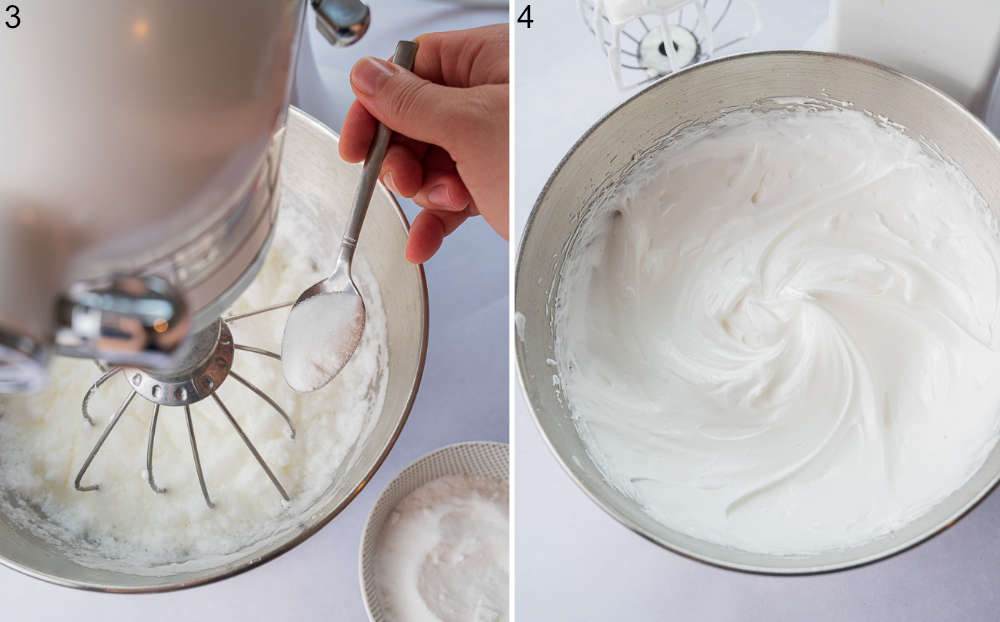 Sugar is being added to whipped egg whites. Meringue in a metal bowl.