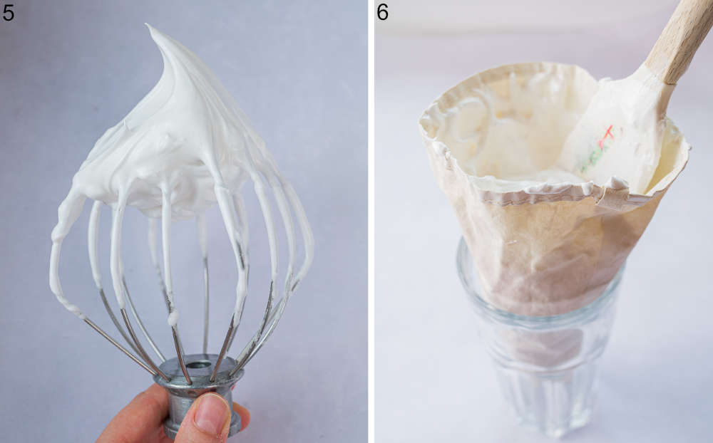 Meringue on a whisk. Meringue in a piping bag.