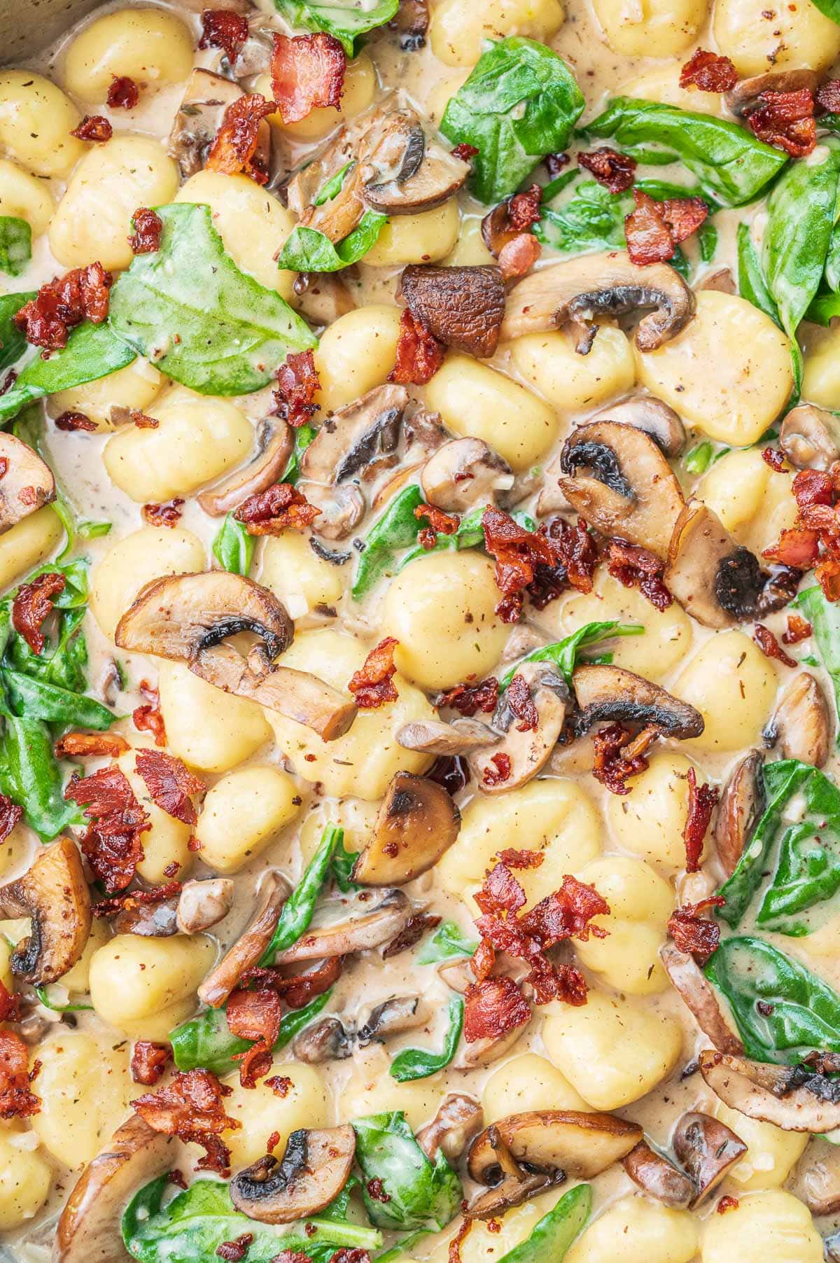 A close up photo of mushroom gnocchi with spinach and bacon.