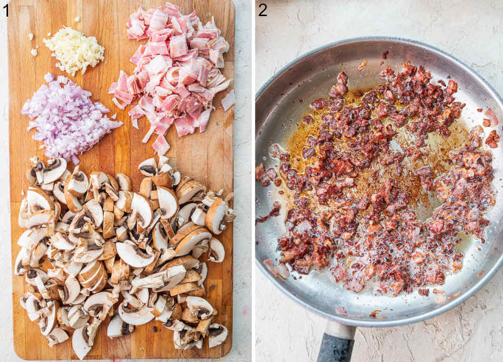 Chopped ingredients on a wooden board. Pan-fried bacon in a pan.