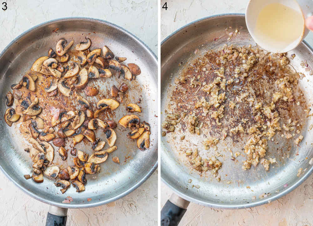 Pan-fried mushrooms in a pan. Wine is being added to a pan.