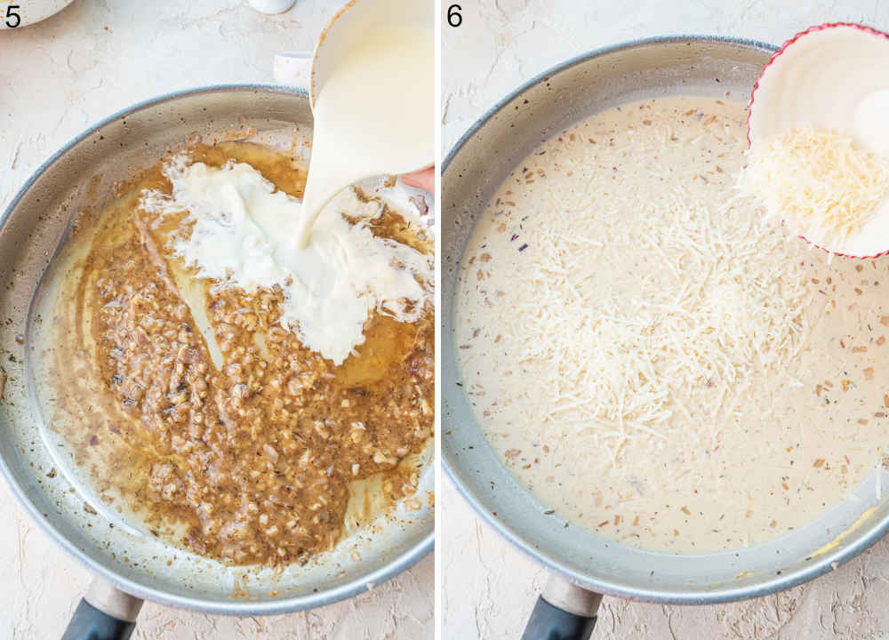 Cream is being added to a pan. Parmesan is added to a sauce.