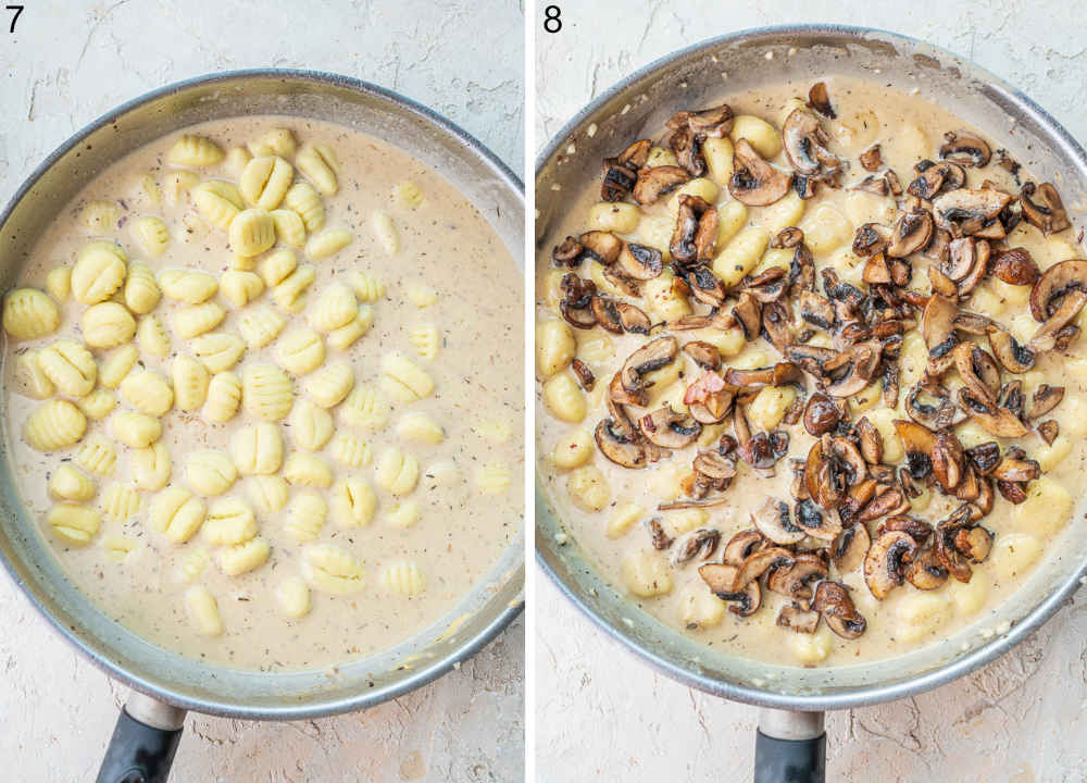 Gnocchi with creamy sauce and mushrooms in a pan. 