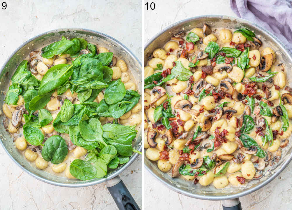 Spinach with gnocchi in a pan. Mushroom gnocchi with bacon in a pan.