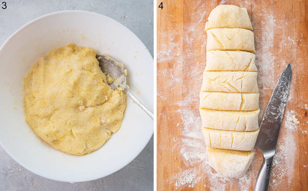 Potato dough in a white bowl. Potato dough divided into 8 parts on a wooden board.