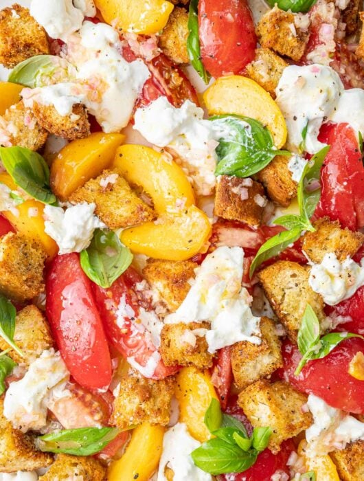 An overhead photo of Summer Panzanella Salad.