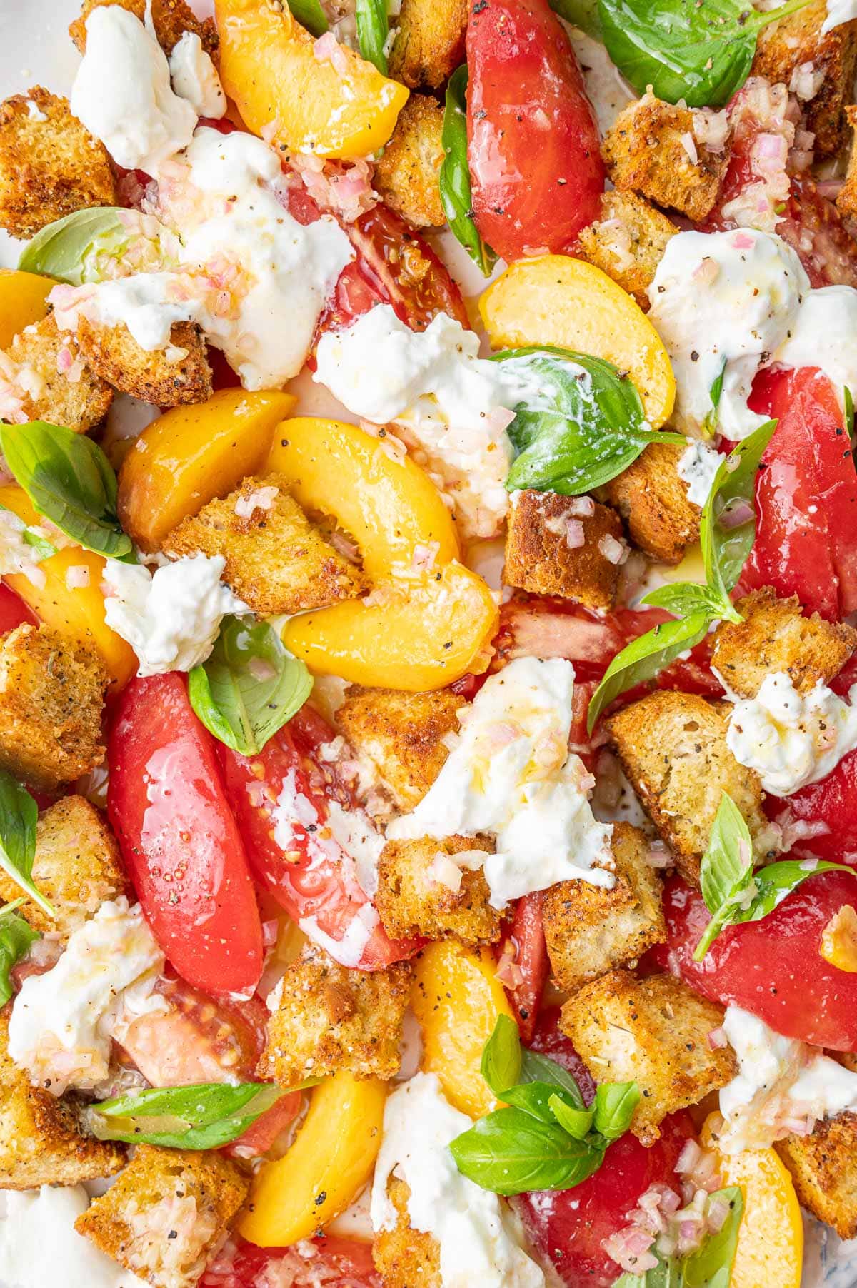 A close up overhead photo of Summer Panzanella Salad.