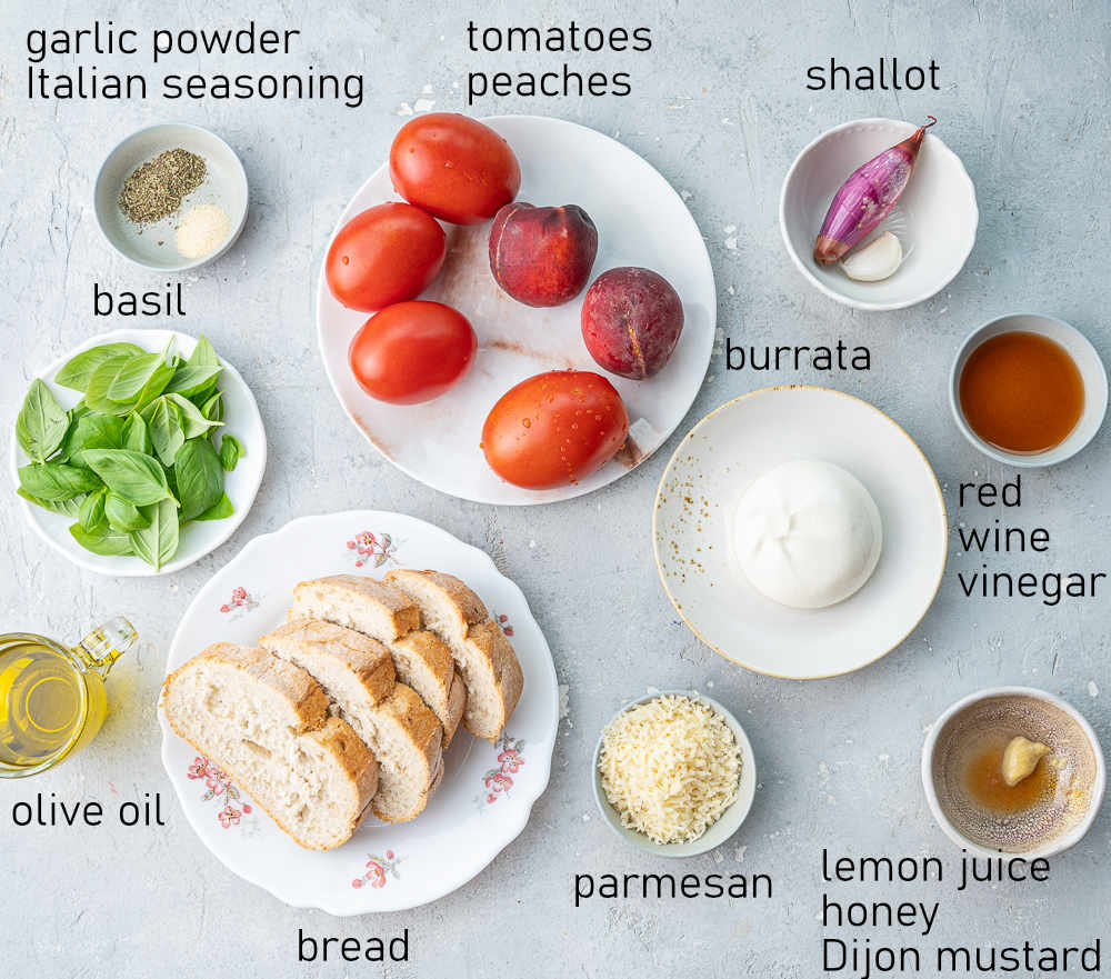 Labeled ingredients for Summer Panzanella Salad.