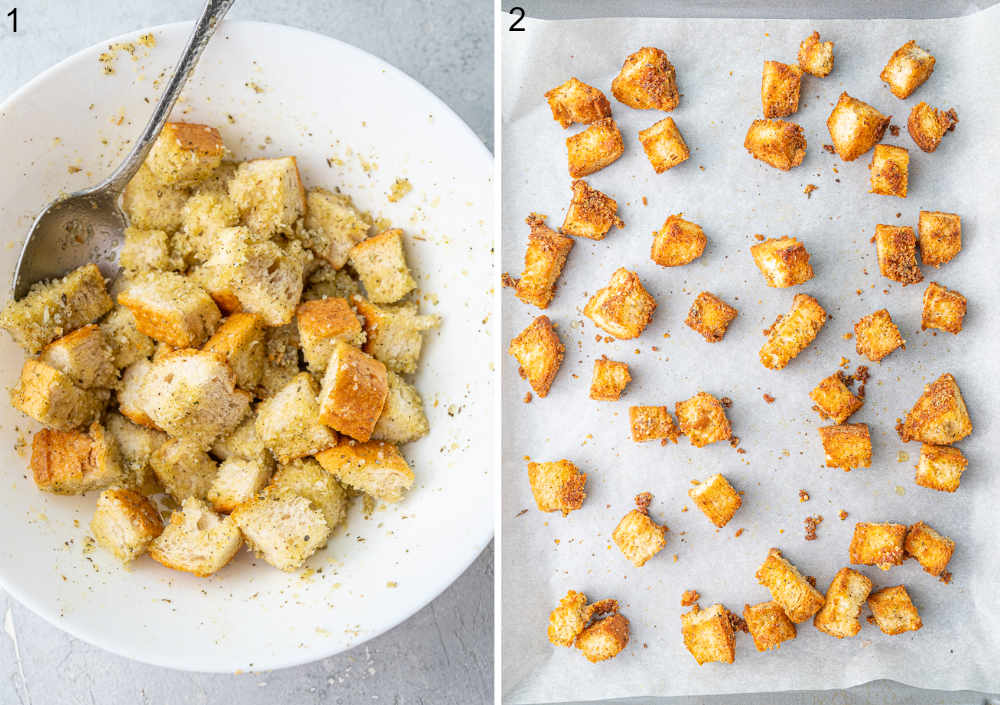 Bread cubes tossed with herbs and olive oil in a white bowl. Baked bread cubes on a baking sheet.