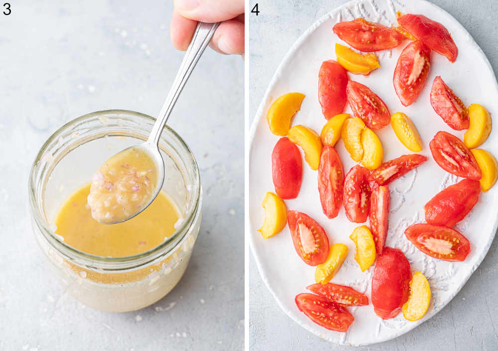 Salad dressing in a jar. Tomato and peach wedges on a white plate.