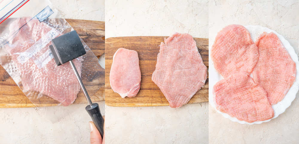 A collage of 3 photos showing how to prepare pork chops for Schnitzel.
