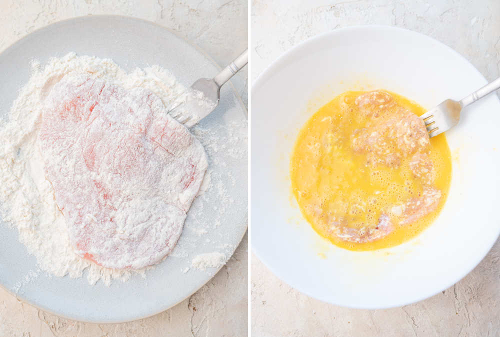 Pork cutlet is being dipped in flour and egg.