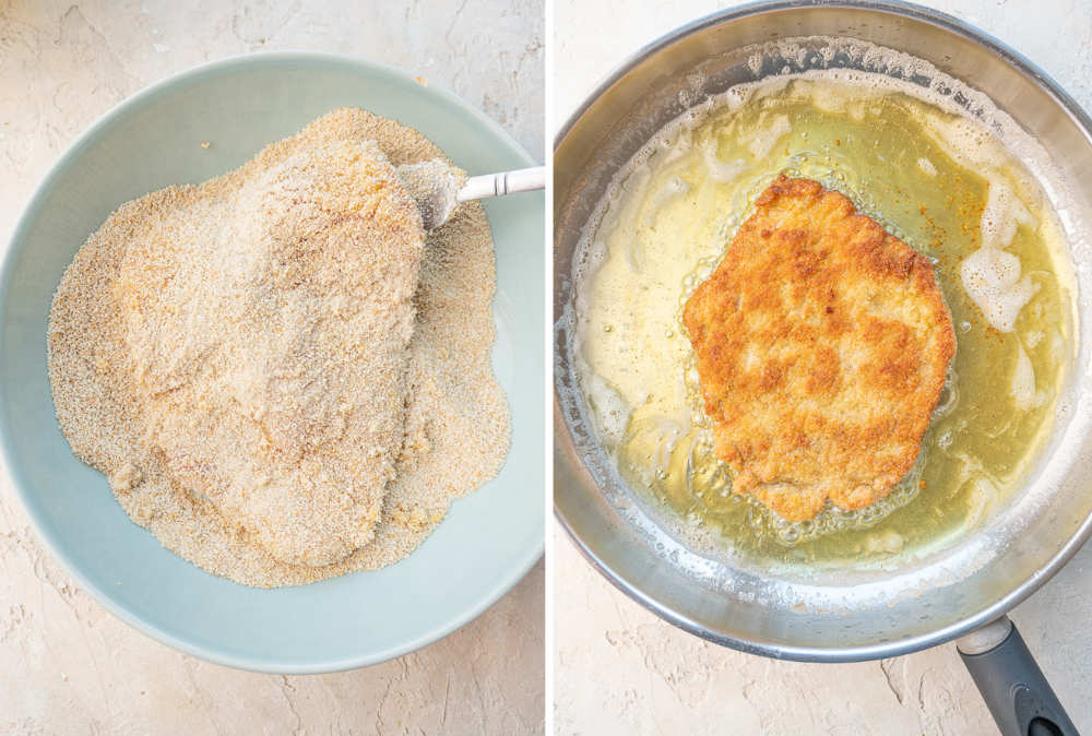 Pork cutlets are being coated in breadcrumbs and fried in a pan.