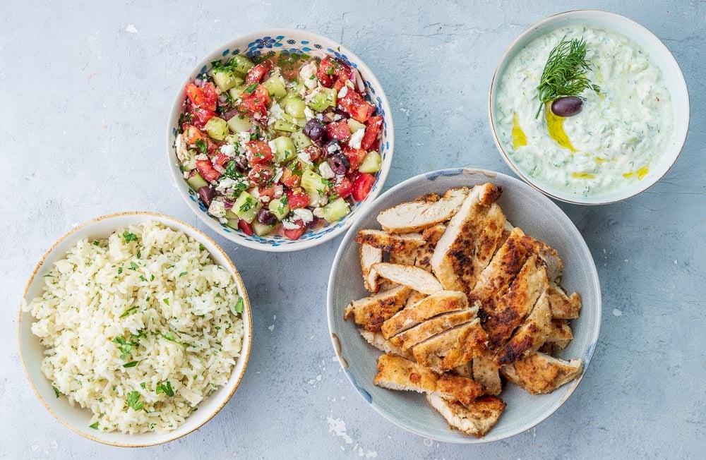 Ingredients needed to prepare Greek chicken bowl.