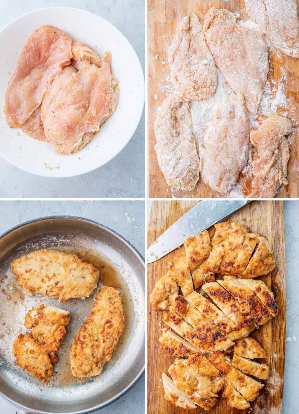 A collage of 4 photos showing how to cook Greek chicken breasts step by step.