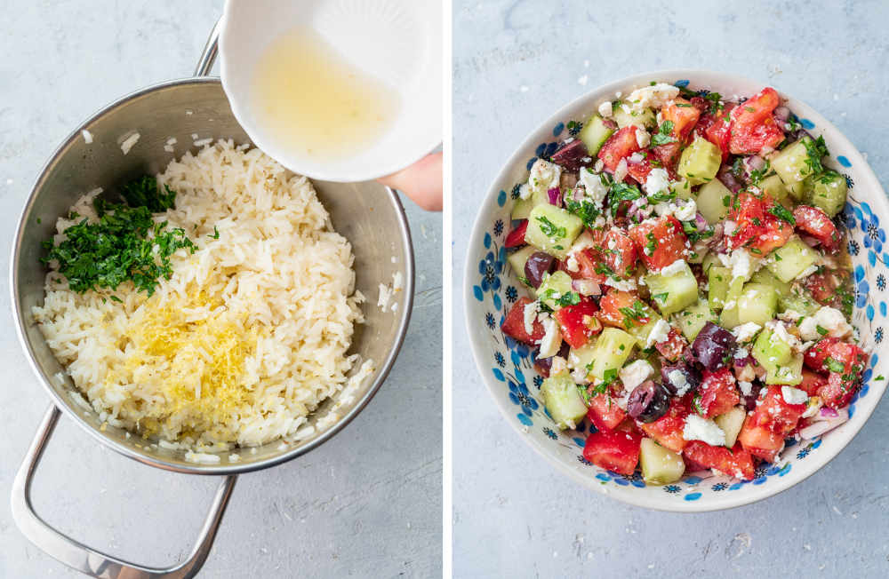 Lemon rice in a pot. Greek salad in a bowl.