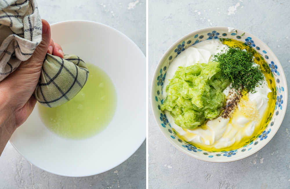 Cucumbers are being strained through a kitchen cloth. Tzatziki ingredients in a bowl.