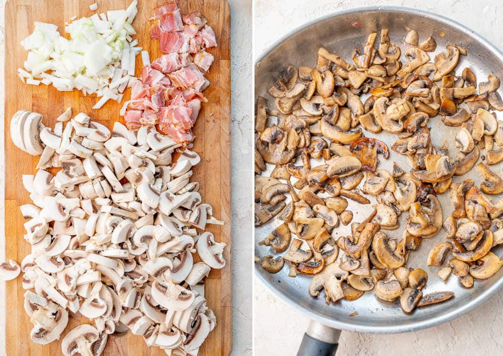 Chopped mushrooms, bacon, and onions. Sauteed mushrooms in a pan.