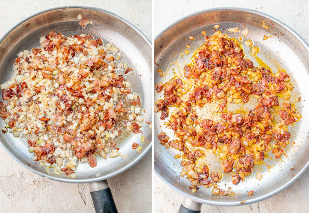 Sauteed mushrooms with bacon in a pan.