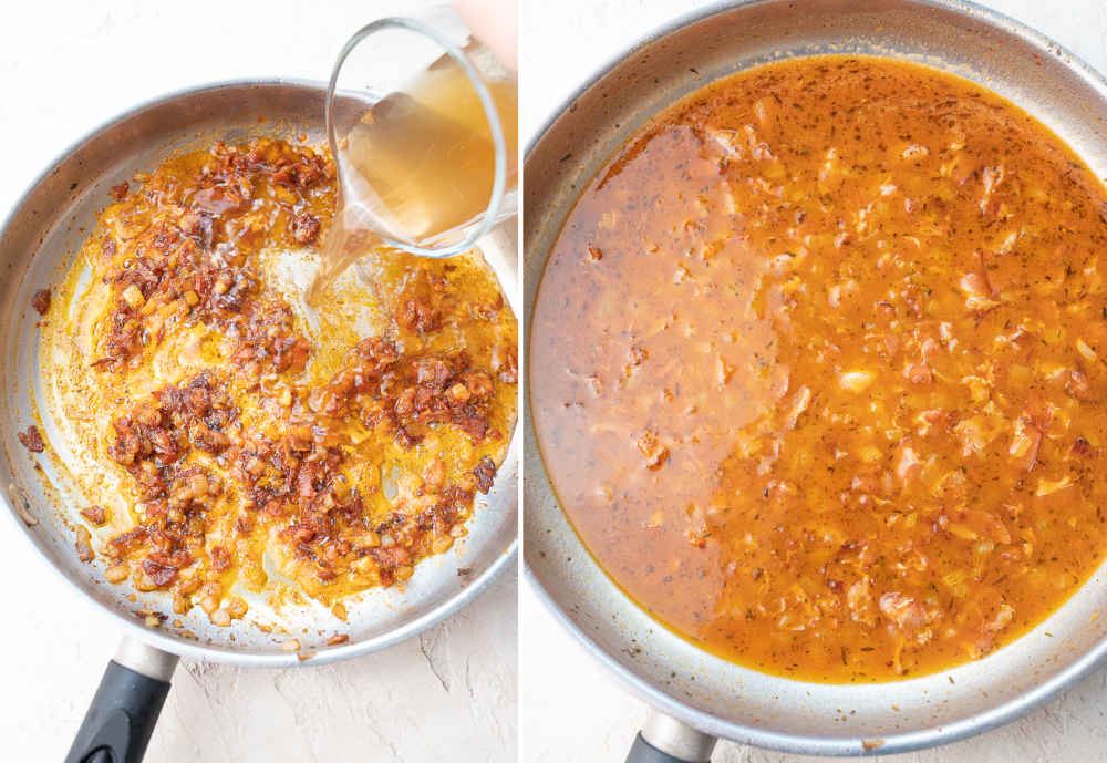 Beef broth is being added to sauteed mushrooms and bacon in a pan. Sauce in a pan.