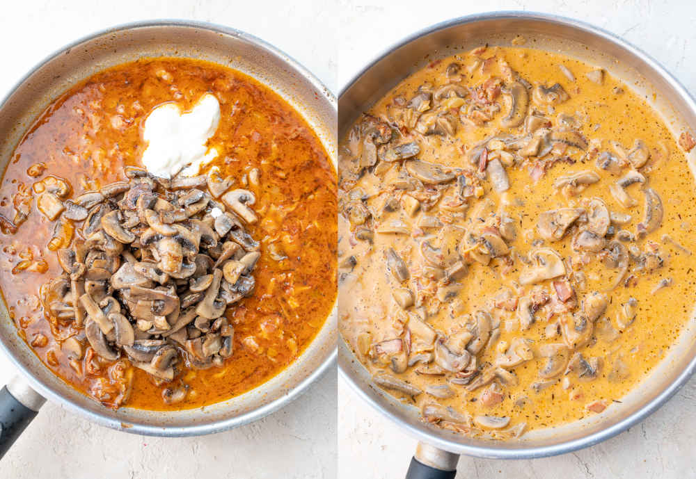 Mushroom gravy in a pan.