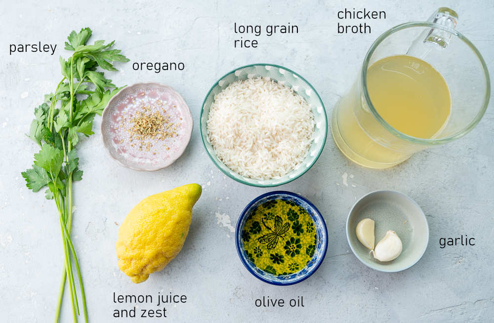 Labeled ingredients for lemon rice.