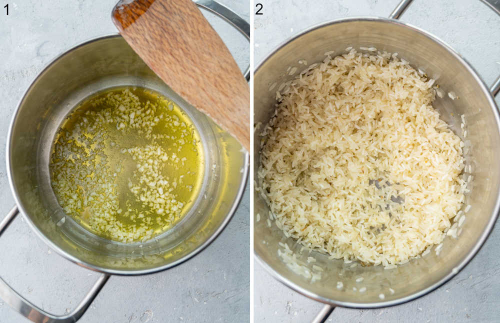 Garlic and olive oil in a pot. Rice in a pot.