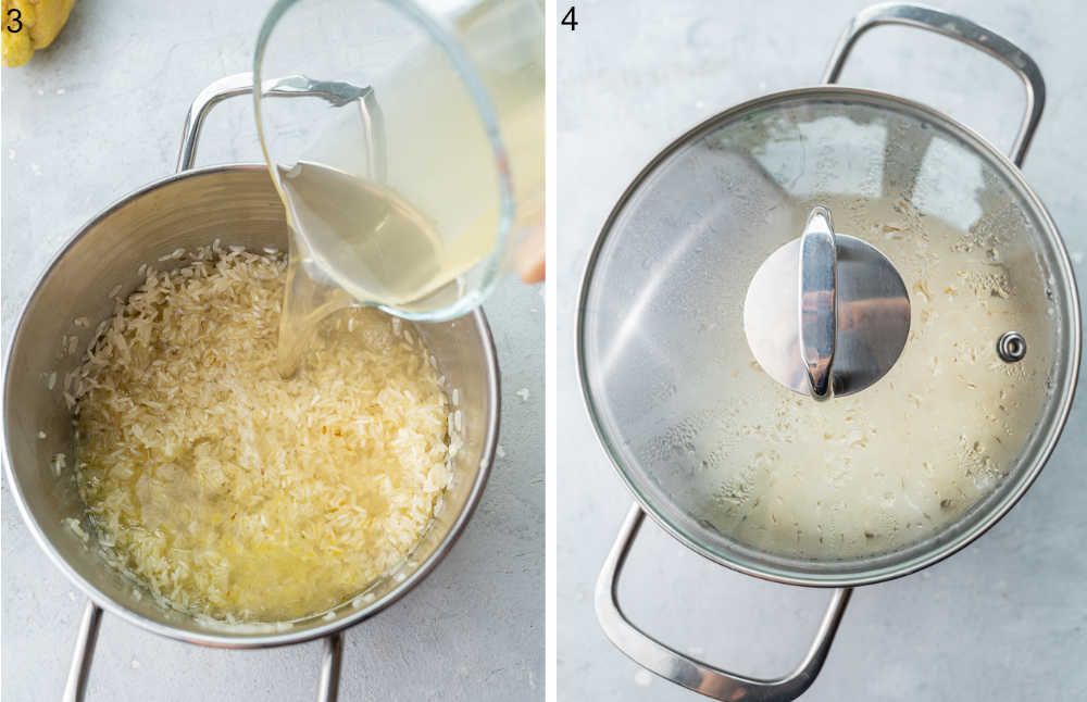Broth is being added to rice in a pot. Pot with rice and a lid.