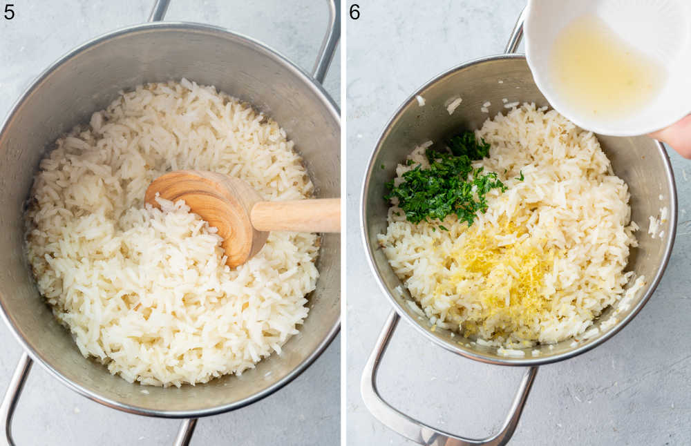 Rice is being fluffed with a wooden spoon. Lemon juice is being added to rice with lemon zest and parsley in a pot.