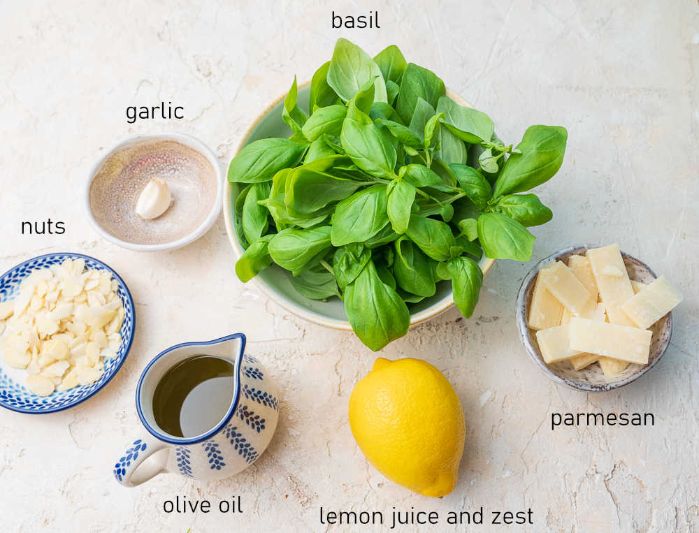 Labeled ingredients for basil pesto.