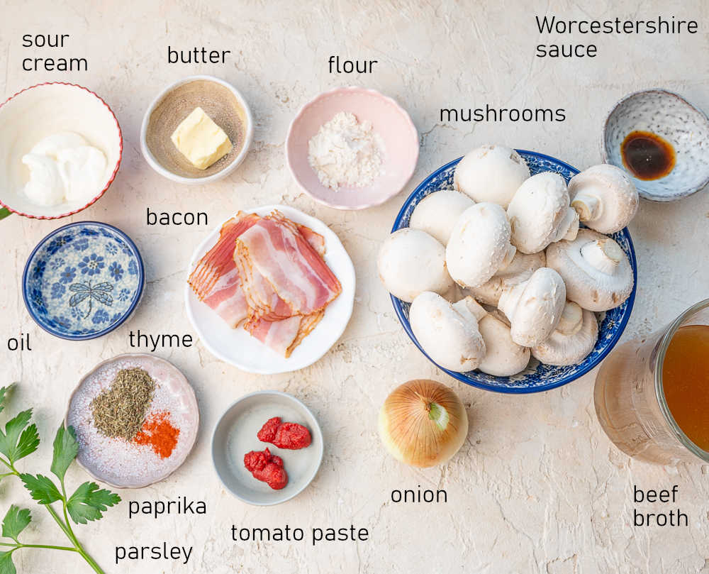 Labeled ingredients for mushroom gravy.